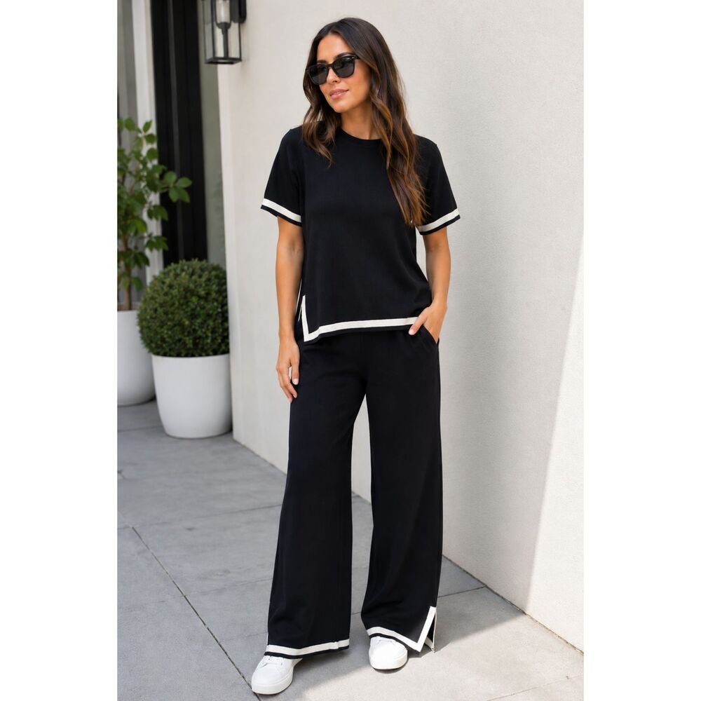 Black White Contrast Trim Knit 2 Piece Set Wide Leg Pants Top M